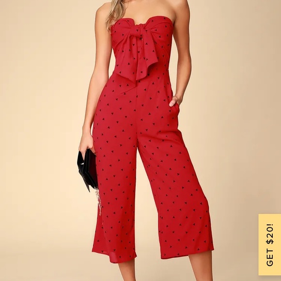 Lulus Pants - Lulu’s Nectar Red Print Strapless Tie-Front Jumpsuit